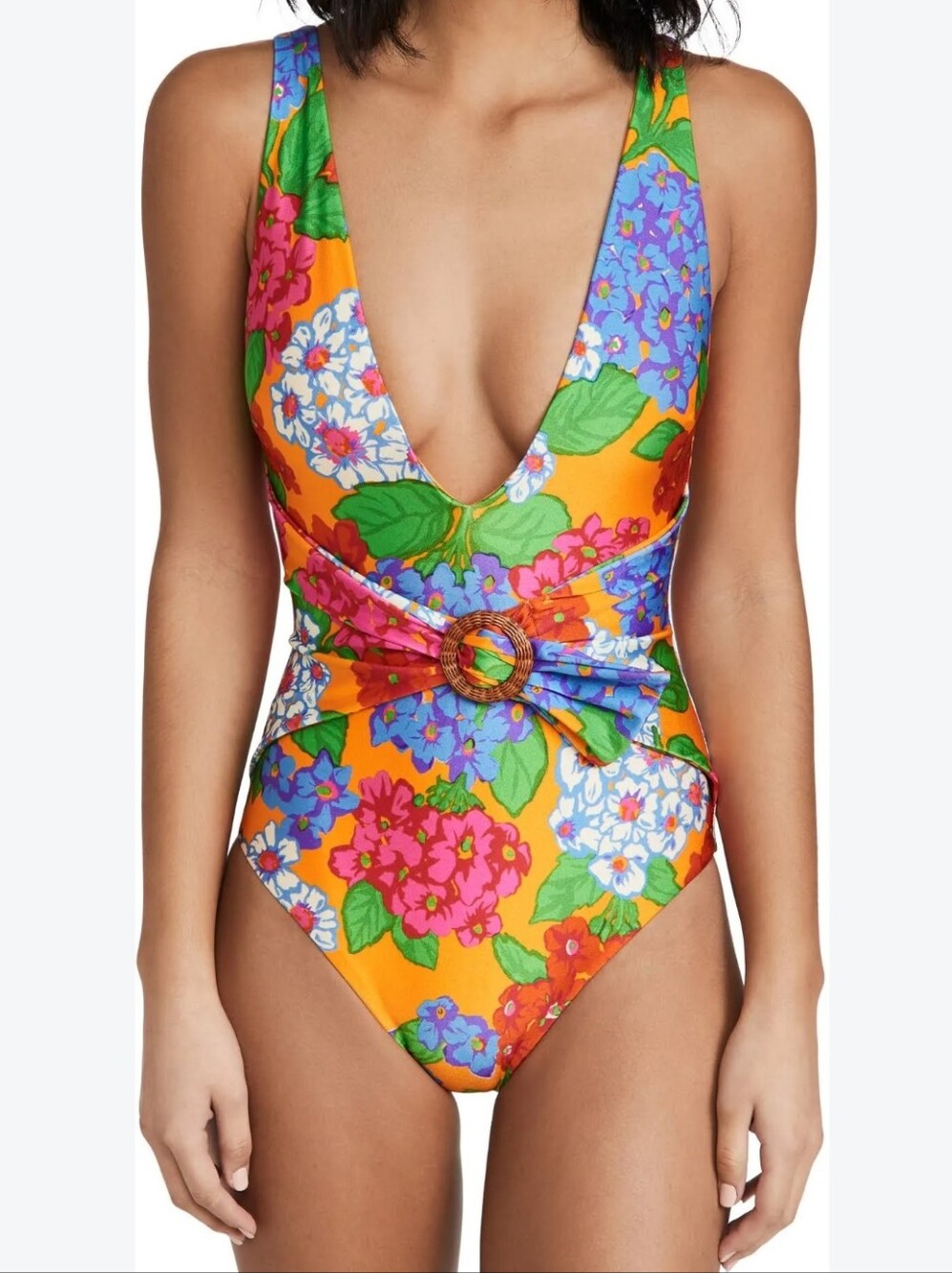Zimmermann Riders Buckle Plunge One Piece Swimsuit In Mango Floral